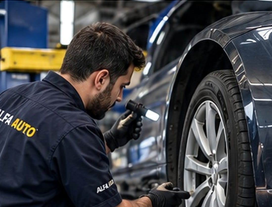 Mechanic inspecting a wheel and tyre during a roadworthy inspection in Oakleigh South