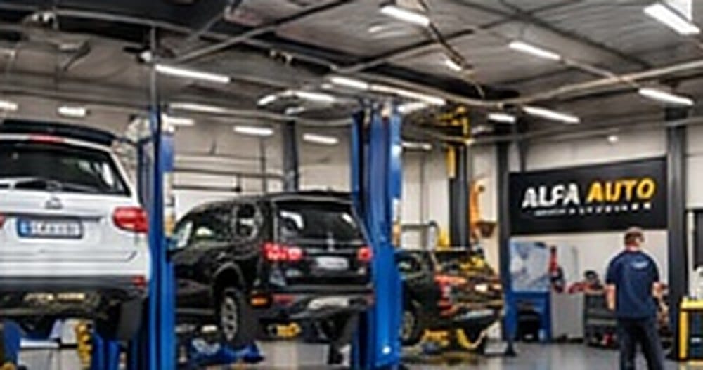 Cars on hoists inside the Alfa Auto mechanical workshop in Oakleigh South
